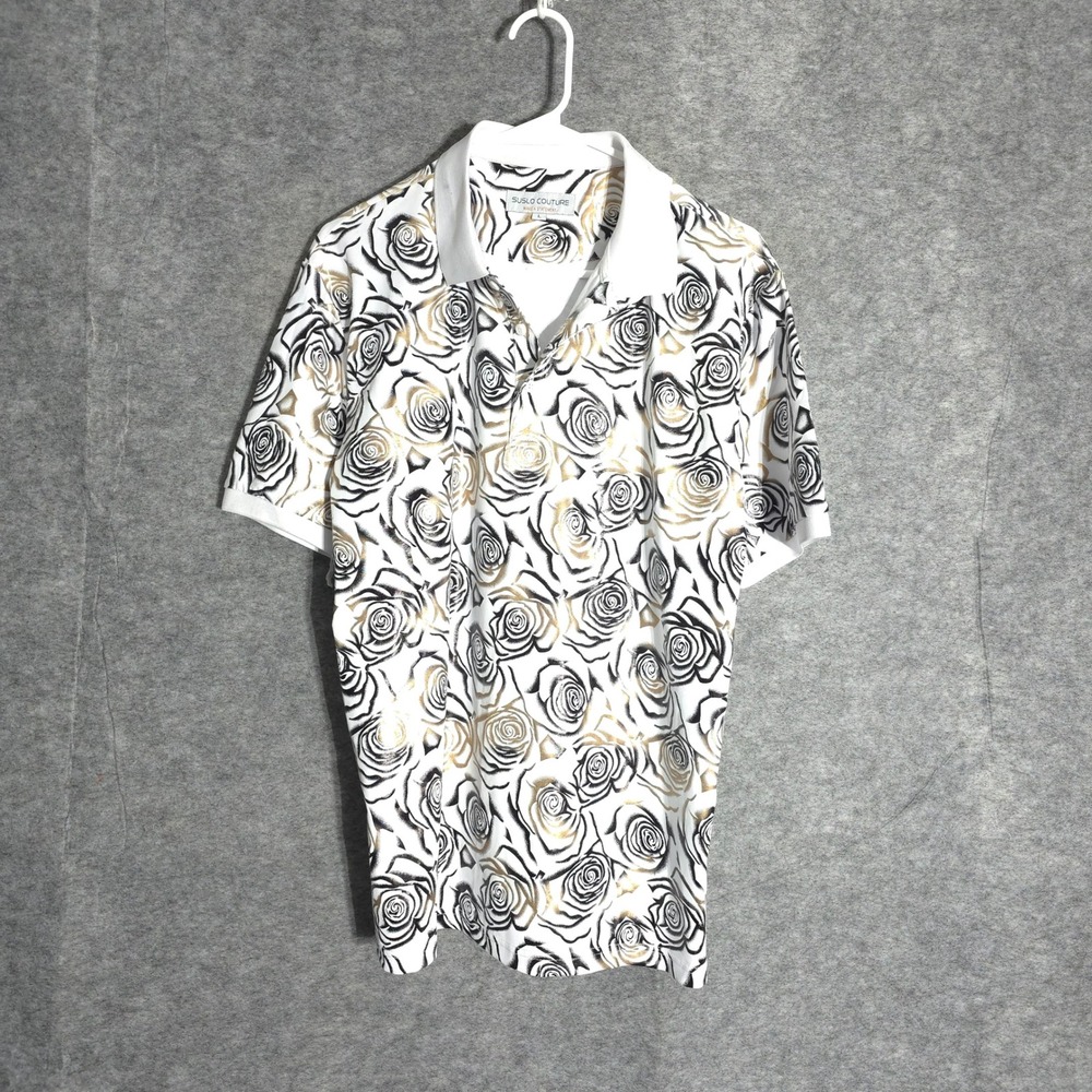 Suslo Couture Polo Shirt Men L White Gold Rose Floral Print Short Sleeve Stretch